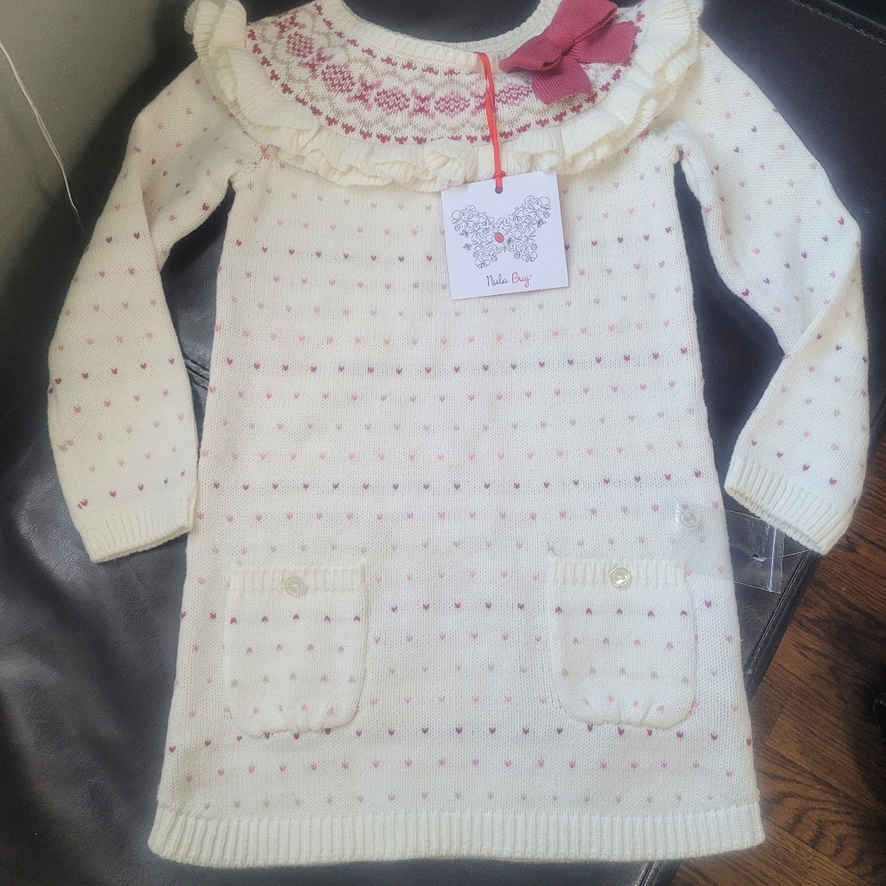Nula Bug Toddler White And Pink Valentine Hearts Sweater Dress 3T New